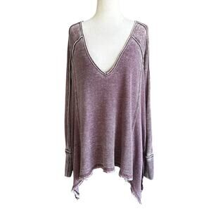 Free People Maroon Waffle Distressed Oversize V-neck Shirt Women's Size XS 62-13